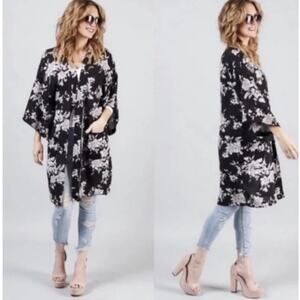 Spiritual Gangster Black and Gray Floral Kimono Boho Beach Yoga Lounge One Size